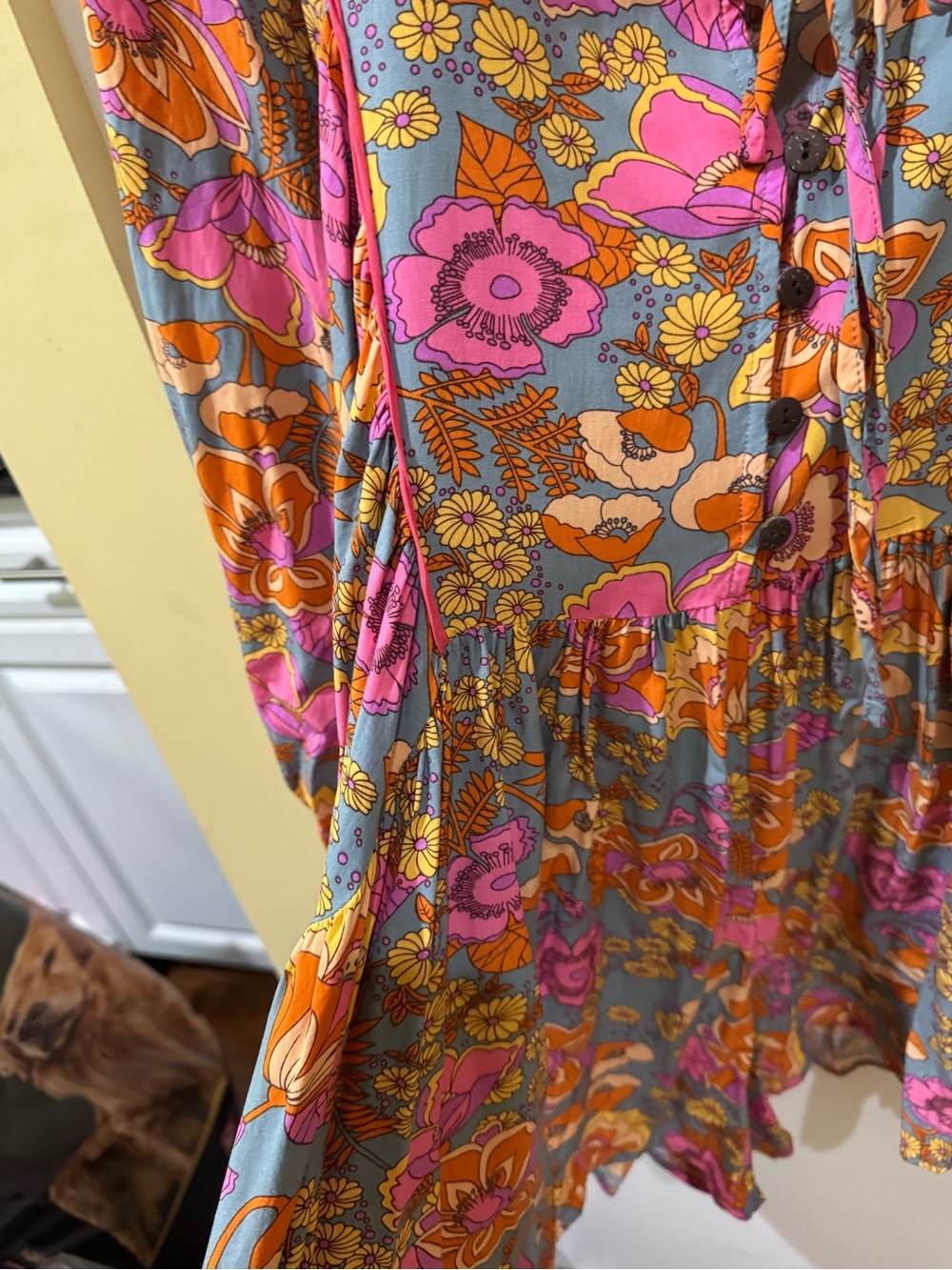 Floral Tie-Front Peasant Romper in Gray, Pink & Orange - Picture 3 of 9